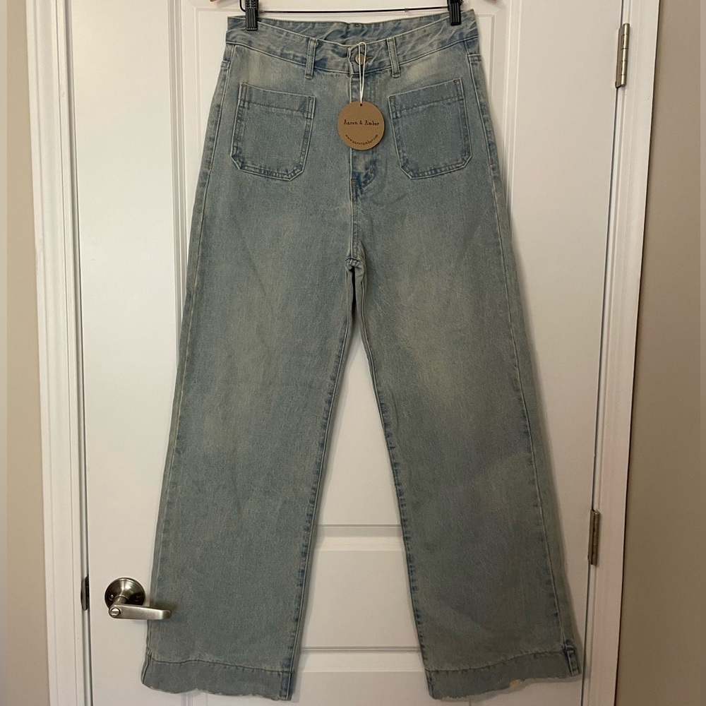 NWT Vici for Aaron & Amber Women's Light Blue Trouser Wide Leg Jeans